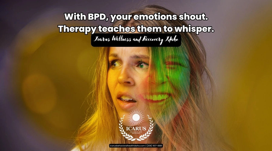 Dual image of a woman smiling in one and startled in the other - BPD Treatment Center in Idaho - Icarus Wellness (1)