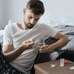 Image of a man sitting next to a bed holding a pill in one hand and a glass of water in the other - Can Antidepressants Help Addiction - Icarus Idaho