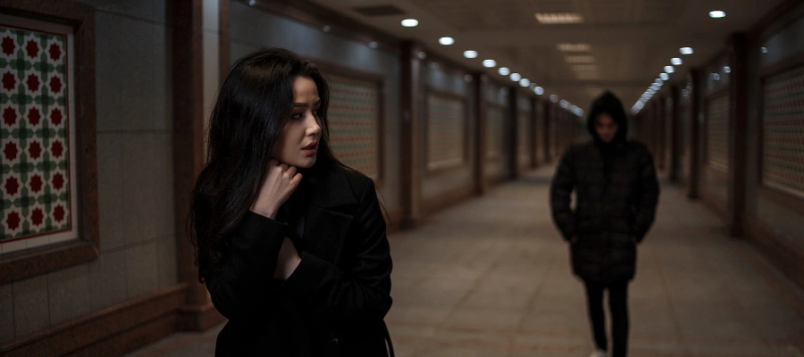 Image of a woman walking in an empty corridor being followed by a man - Hypervigilance - Signs of Repressed Childhood Trauma in Adults