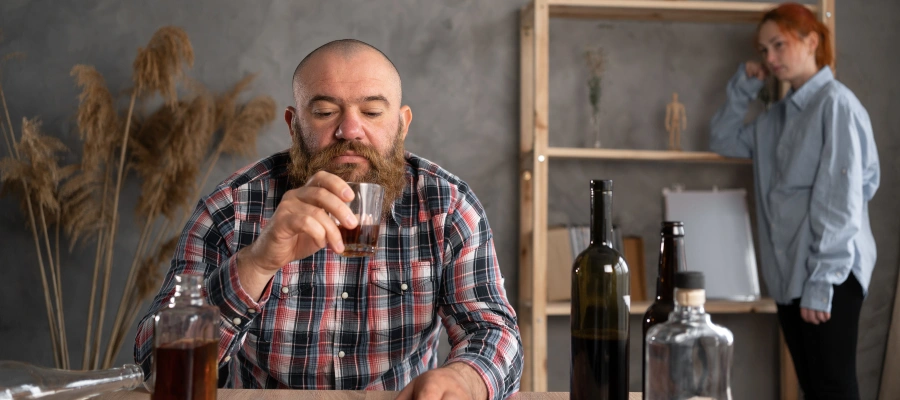 Image of worried partner observing a loved one sitting at a drinking alcohol besides three bottles of empty alcohol 