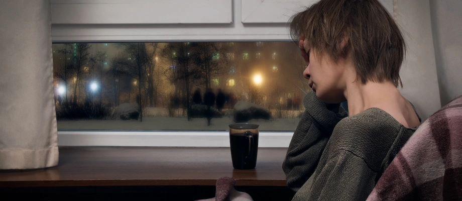 Image of a woman sitting by a window. looking sad and fatigued, as snow continues to fall outside