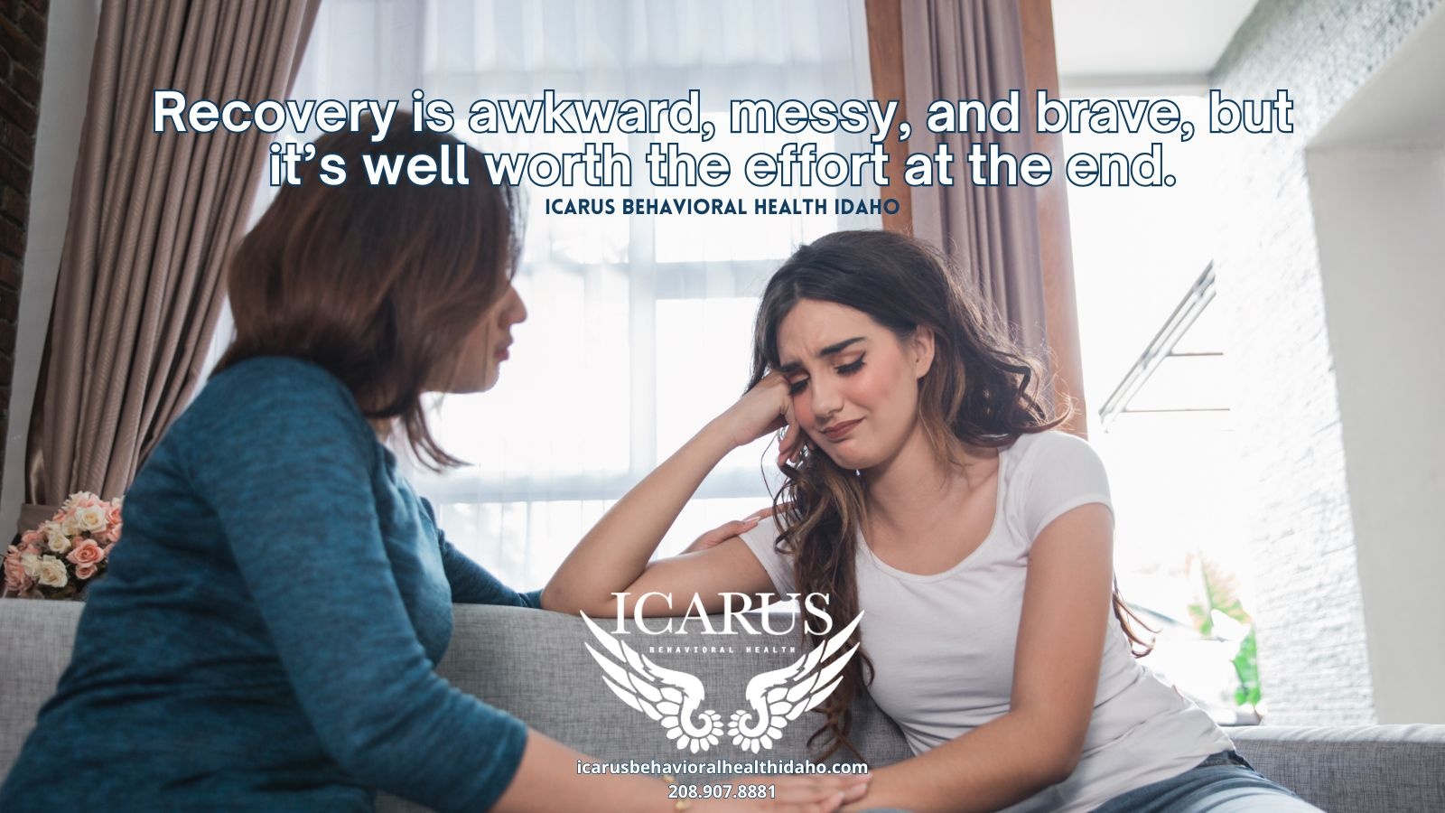 Sober living home in Coeur d'Alene, Idaho, engaging in supportive conversation during recovery with an inspirational quote