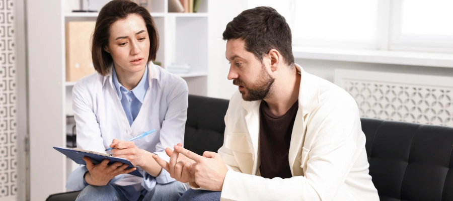 Image of a patient discussing transition plans from inpatient care to outpatient programs with a clinician