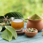 Image of Kratom leaves, powder and tea on a table - Is Kratom Legal in Idaho - Icarus Wellness and Recovery