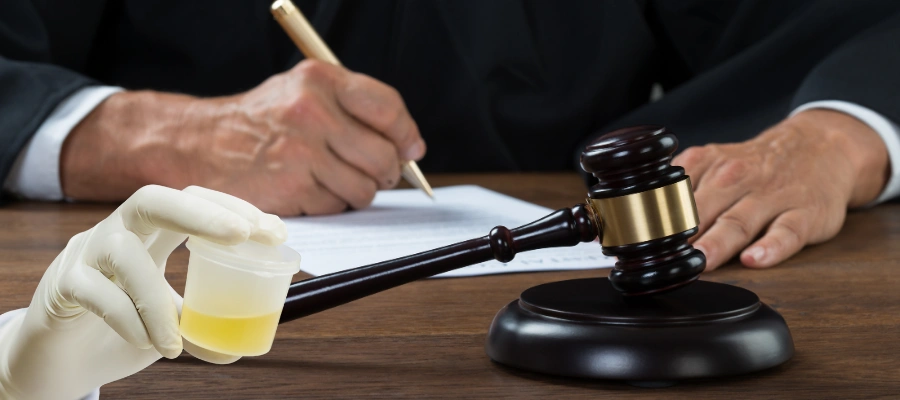 Judge reviewing paperwork with gavel on desk as an individual holds a urine sample for probation drug testing