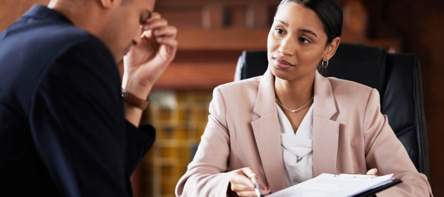 Image of a man reviewing legal documents with his attorney, representing court-ordered rehab restrictions