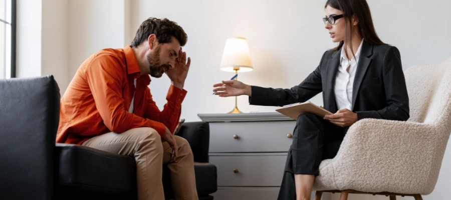 Image of a man sitting with a therapist in rehab, highlighting the importance of treating underlying mental health issues
