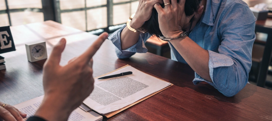 Image of a man holding his hands on both sides of his face, which is facing a table, hearing the consequences he faces after a second failed drug test