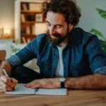 Image of a man sitting at a table, writing in a notebook - Trauma Timeline Worksheet Resources - Icarus Wellness and Recovery Idaho