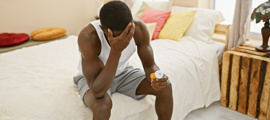 Image of a man looking concerned while holding a pill bottle representing the warning signs of pseudo kratom tablet addiction