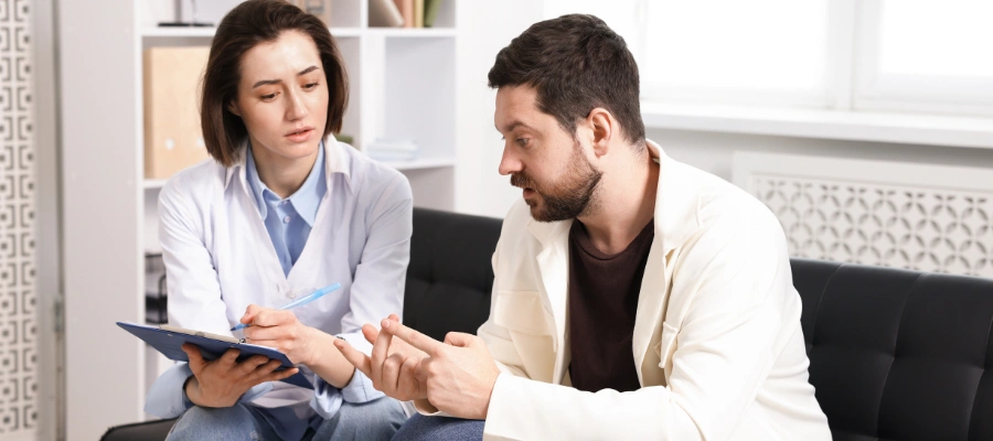Image of a man speaking with a supportive counselor at a recovery center taking the first step toward overcoming pseudo kratom addiction