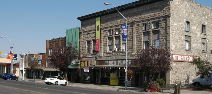 Downtown Rexburg, Idaho with local businesses and walkable streets reflecting community wellness and recovery support