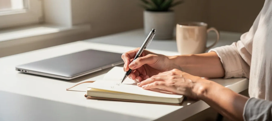 A person is seated at a calm desk, writing in a notebook illuminated by soft natural light, symbolizing a moment of self-care and reflection on maintaining healthy boundaries in their recovery jou