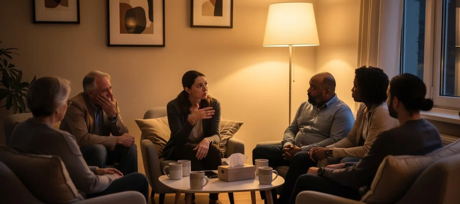 A small group of diverse individuals sits in a circle, engaged in a supportive conversation