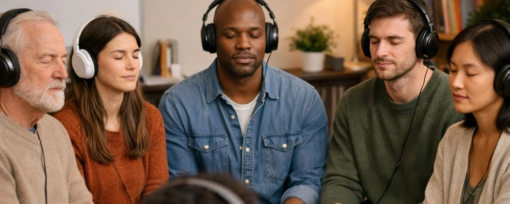 Image of a diverse individual listening to music through headphones as part of personalized music therapy