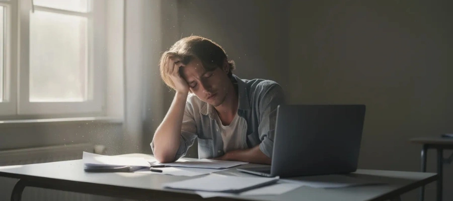 Image of a exhausted man sitting at a desk with a laptop and scattered paperwork