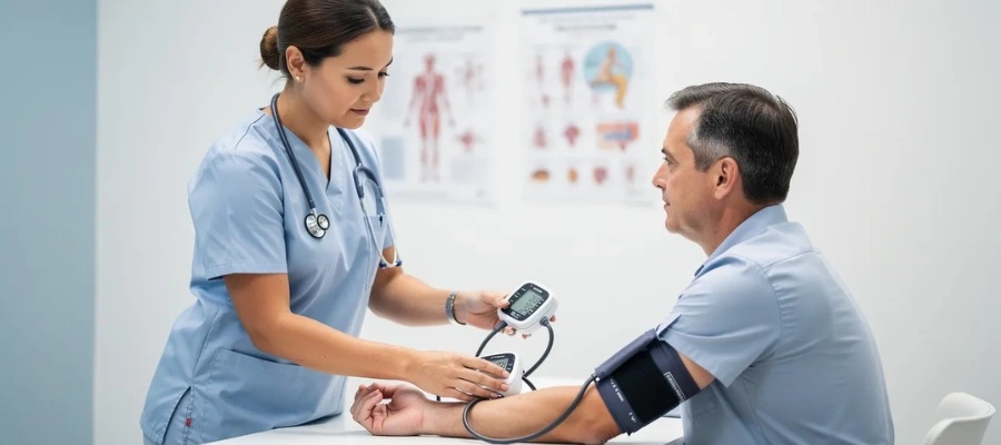 Image of a medical professional is seen checking a patient's blood pressur, highlighting the importance of medical supervision during detoxification