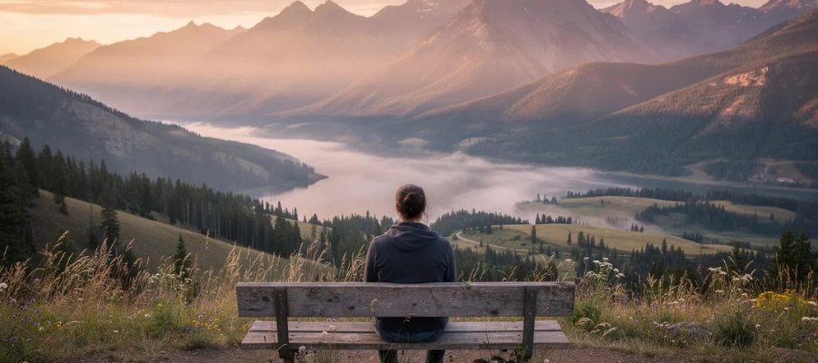 Image of a person sitting on a bench overlooking a misty mountain landscape