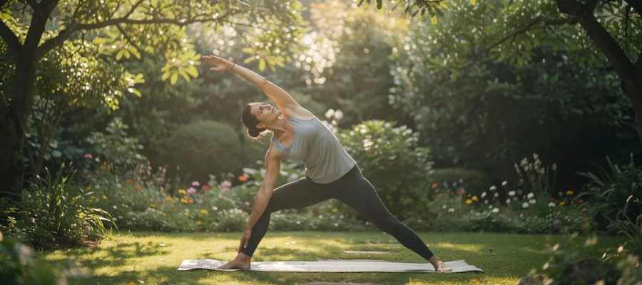 Image of a woman practicing yoga in a lush garden filled with sunlight